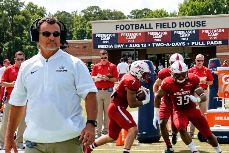 Illustration for the news story: South Alabama Moves Into Full Pads and Two-a-Days as Preseason Camp Reaches Media Day