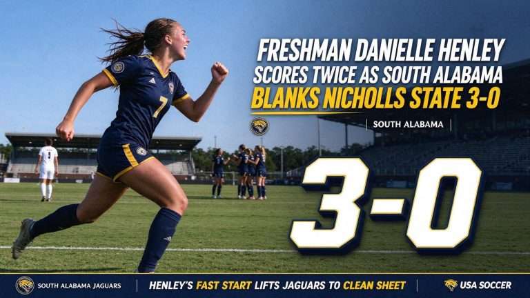 Illustration for the news story: Freshman Danielle Henley Scores Twice as South Alabama Soccer Blanks Nicholls State 3-0