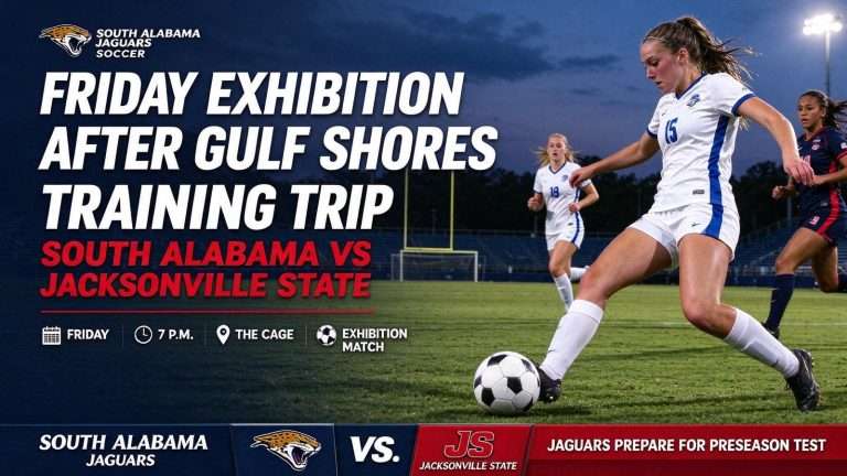 Illustration for the news story: South Alabama Soccer Hosts Jacksonville State in Friday Exhibition After Gulf Shores Training Trip