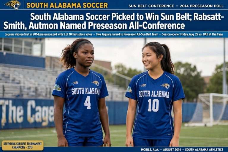 Illustration for the news story: South Alabama Soccer Picked to Win Sun Belt; Rabsatt-Smith, Autmon Named Preseason All-Conference