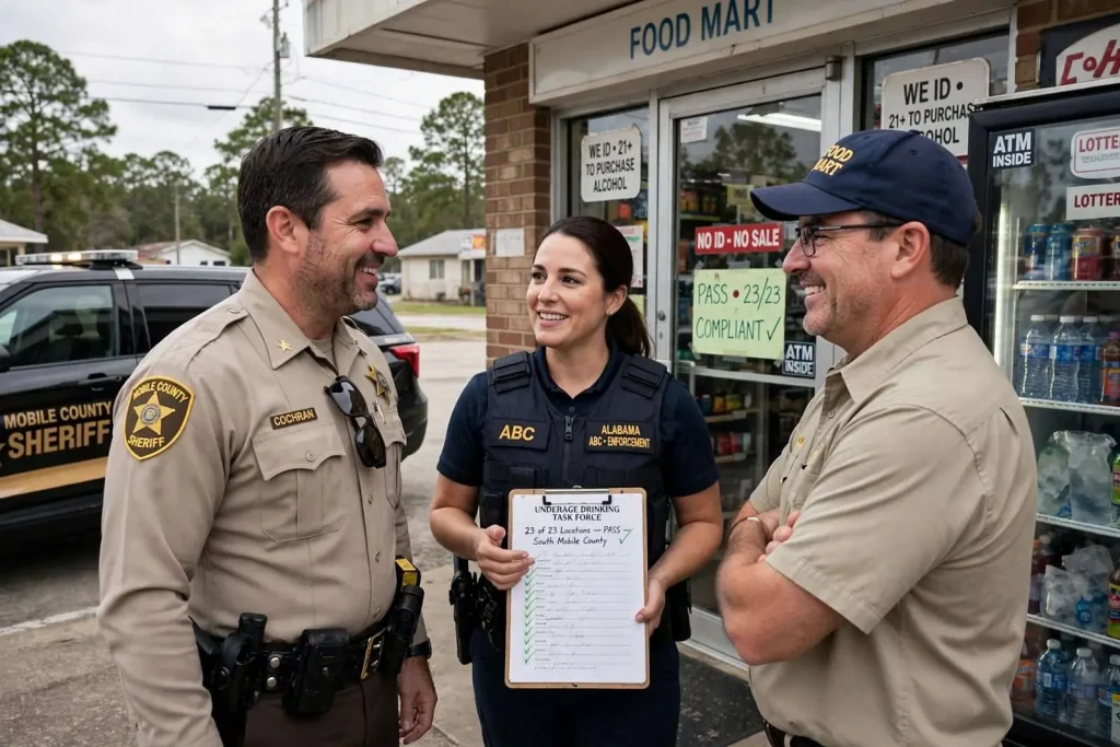 Illustration for the news story: South Mobile County Stores Pass Underage Alcohol Compliance Check as Task Force Prepares Leadership Change
