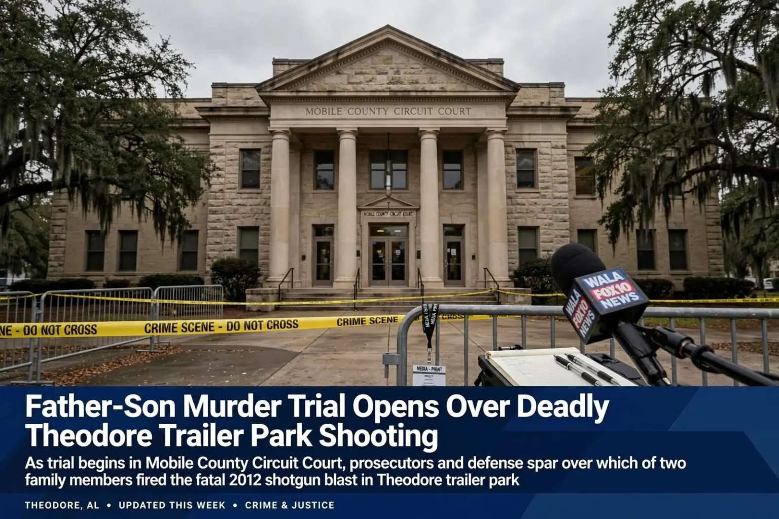 Illustration for the news story: Father-Son Murder Trial Opens Over Deadly Theodore Trailer Park Shooting