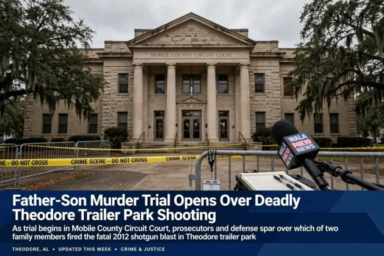 Illustration for the news story: Father-Son Murder Trial Opens Over Deadly Theodore Trailer Park Shooting