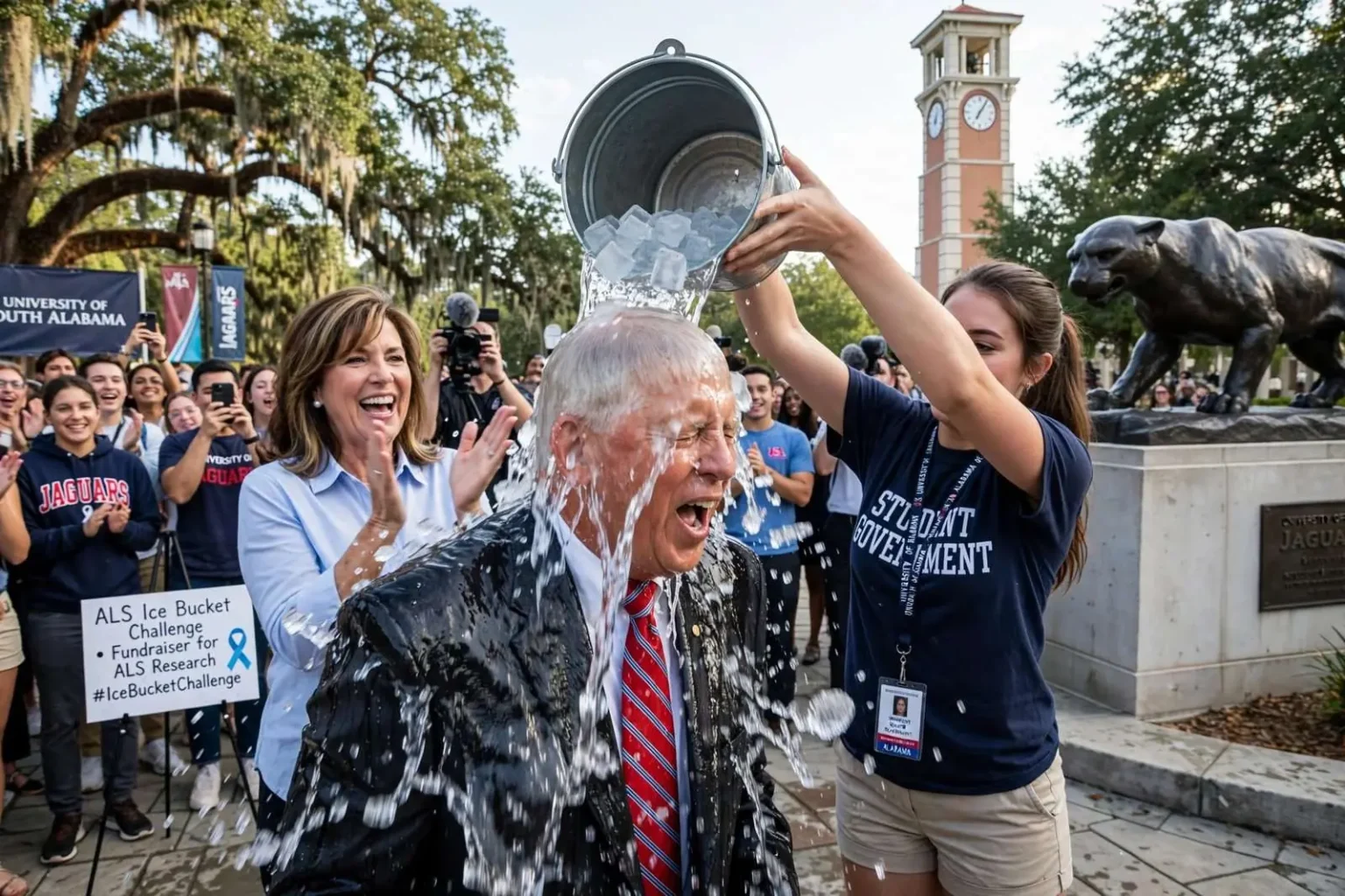 Illustration for the news story: USA President Tony Waldrop Takes ALS Ice Bucket Challenge in Mobile