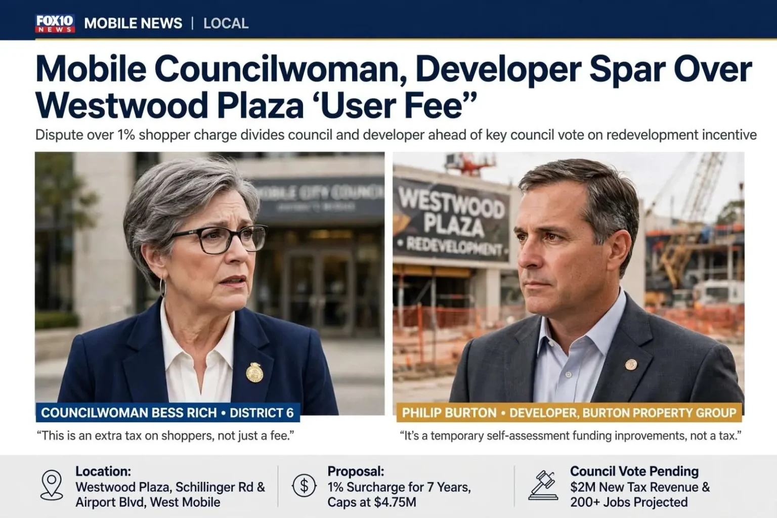 Illustration for the news story: Mobile Councilwoman, Developer Spar Over Westwood Plaza ‘User Fee’