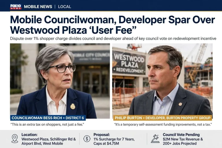 Illustration for the news story: Mobile Councilwoman, Developer Spar Over Westwood Plaza ‘User Fee’