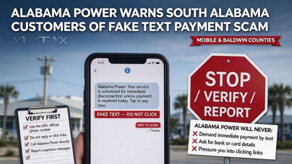 Illustration for the news story: Alabama Power Warns South Alabama Customers of Fake Text Payment Scam