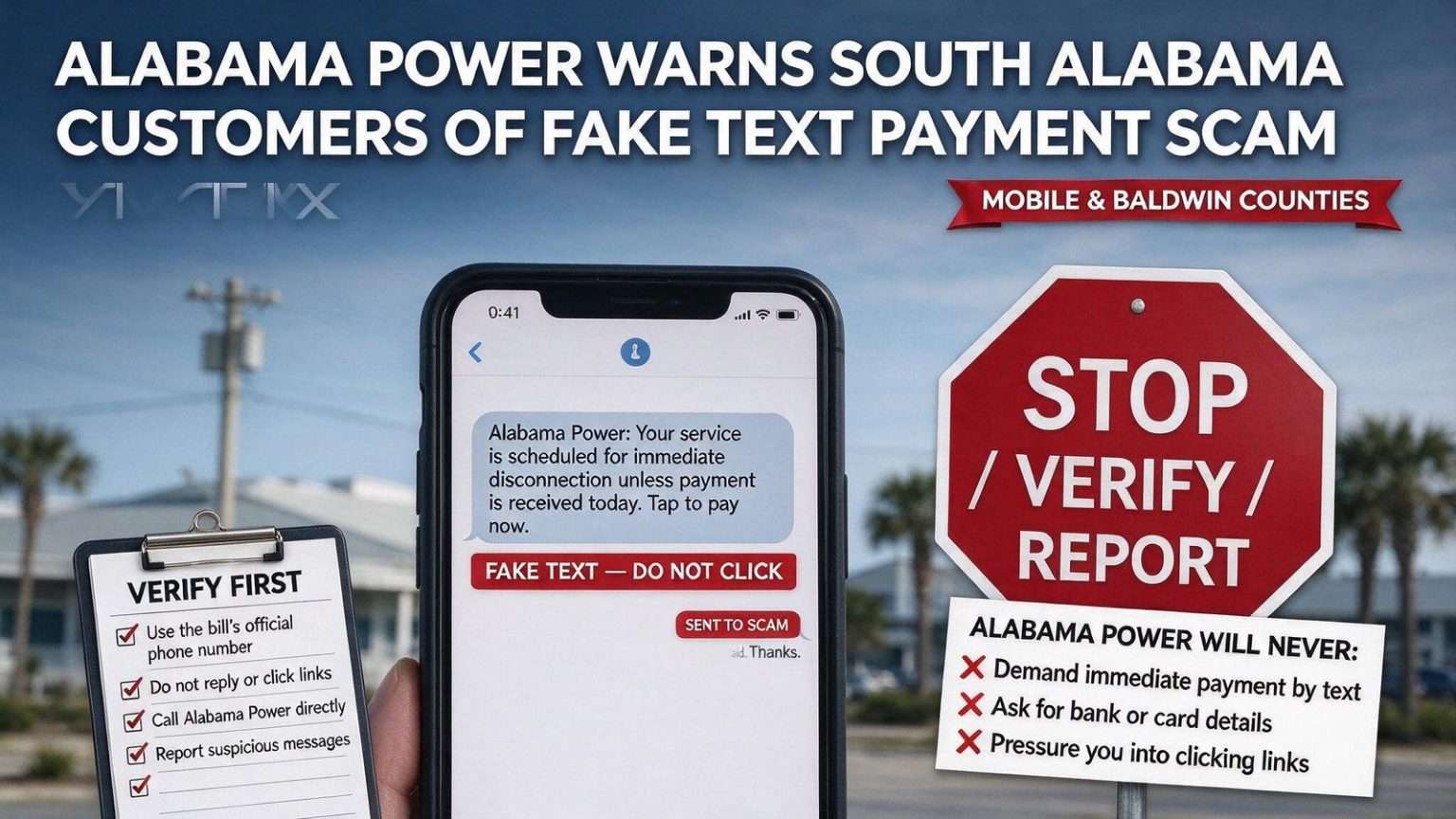 Illustration for the news story: Alabama Power Warns South Alabama Customers of Fake Text Payment Scam