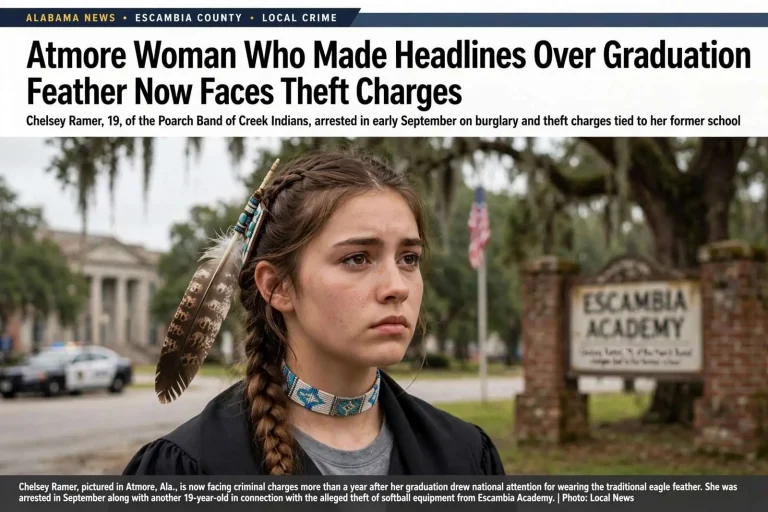 Illustration for the news story: Atmore Woman Who Made Headlines Over Graduation Feather Now Faces Theft Charges