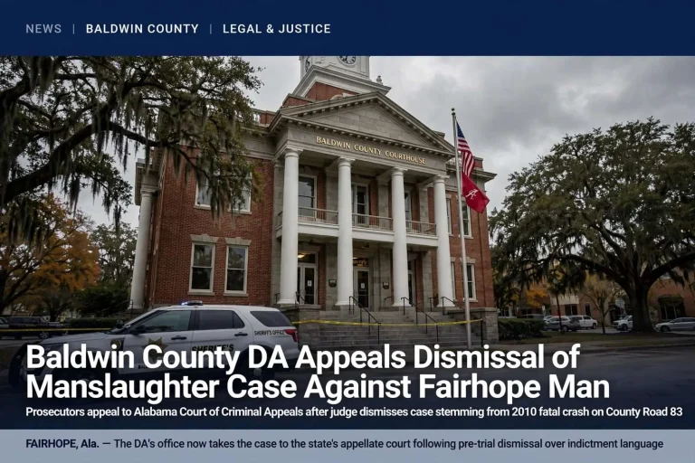 Illustration for the news story: Baldwin County DA Appeals Dismissal of Manslaughter Case Against Fairhope Man