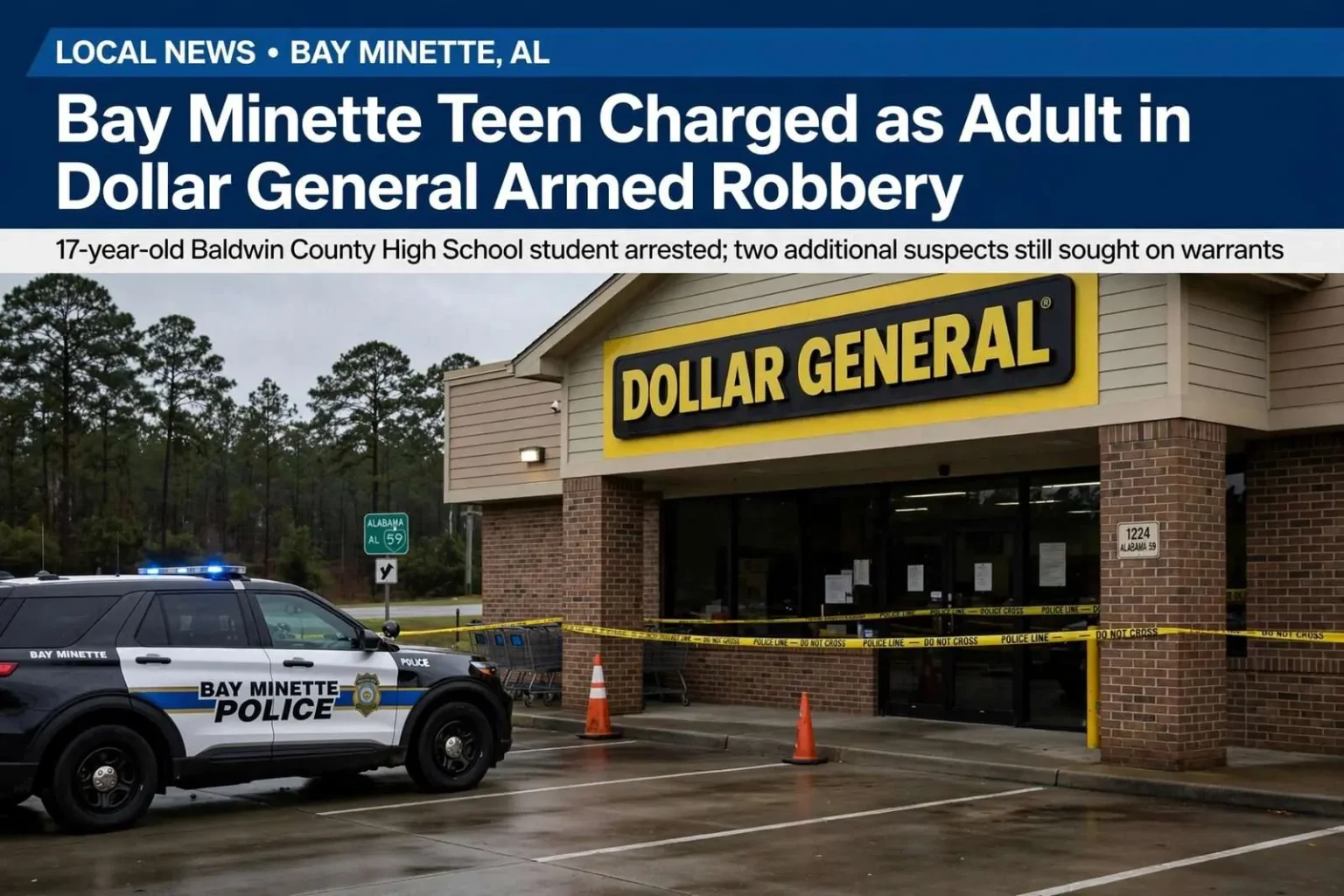 Illustration for the news story: Bay Minette Teen Charged as Adult in Dollar General Armed Robbery