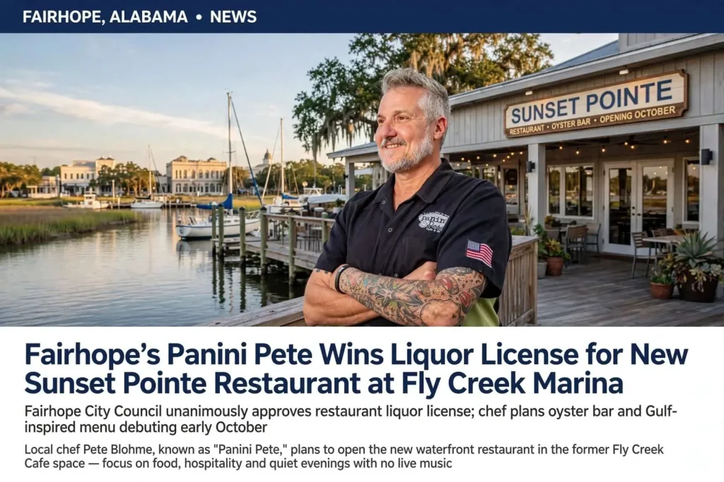 Illustration for the news story: Fairhope’s Panini Pete Wins Liquor License for New Sunset Pointe Restaurant at Fly Creek Marina