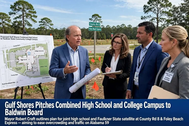 Illustration for the news story: Gulf Shores Pitches Combined High School and College Campus to Baldwin Board