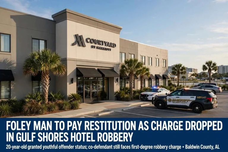 Illustration for the news story: Foley Man to Pay Restitution as Charge Dropped in Gulf Shores Hotel Robbery