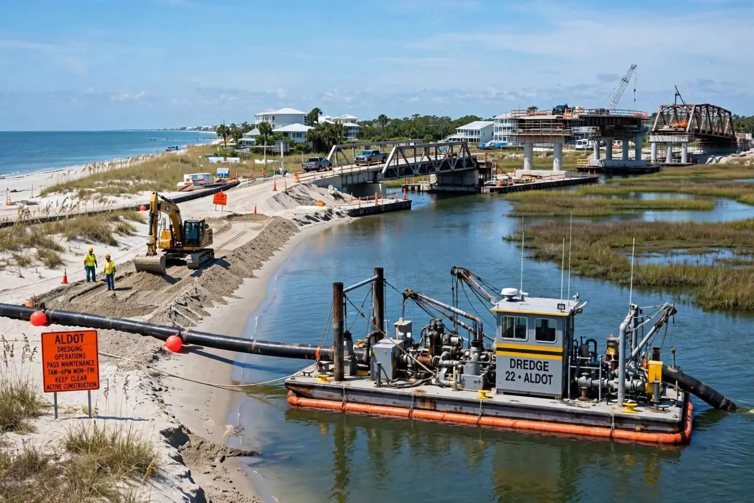 Illustration for the news story: Dredging Begins at Gulf Shores’ Little Lagoon Pass as Bridge Project Continues