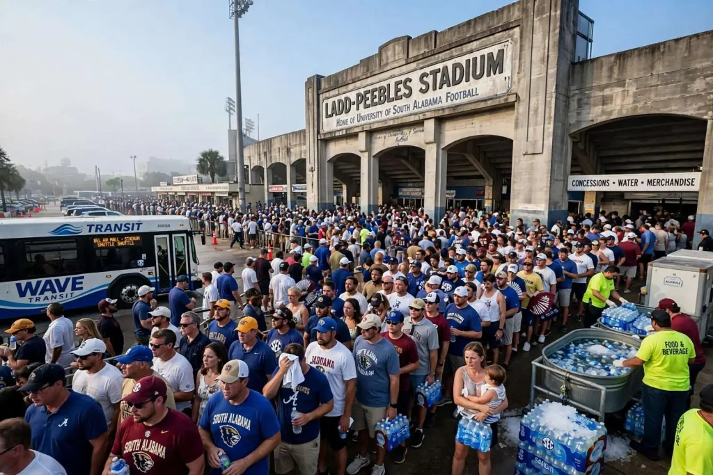 Illustration for the news story: Ladd-Peebles Stadium Board Weighs Fixes After Heat, Transit Problems at Record Crowd