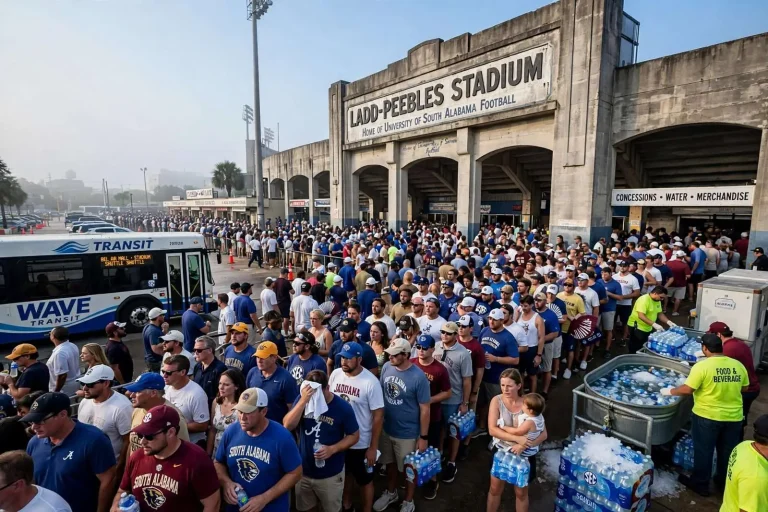 Illustration for the news story: Ladd-Peebles Stadium Board Weighs Fixes After Heat, Transit Problems at Record Crowd
