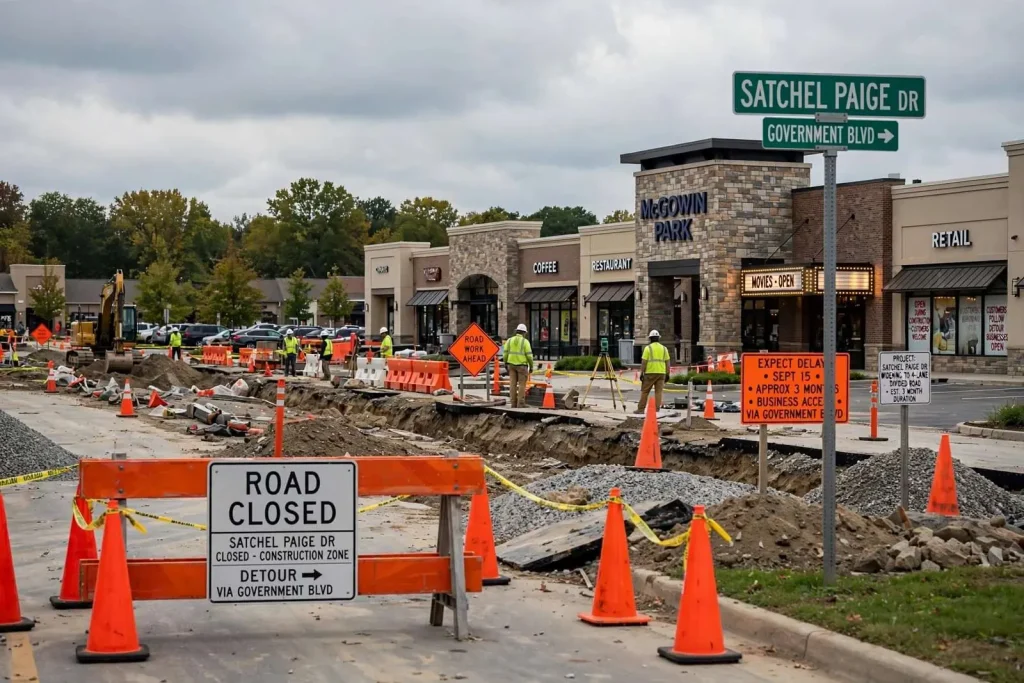 Illustration for the news story: McGowin Park Work Closes Satchel Paige Drive in West Mobile