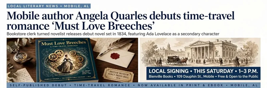 Illustration for the news story: Mobile author Angela Quarles debuts time-travel romance ‘Must Love Breeches’