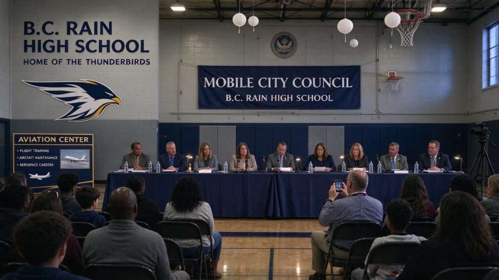 Illustration for the news story: Mobile City Council Holds Off-Site Meeting at B.C. Rain High School