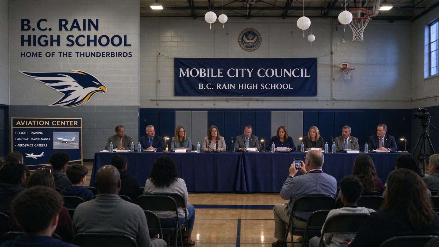 Illustration for the news story: Mobile City Council Holds Off-Site Meeting at B.C. Rain High School