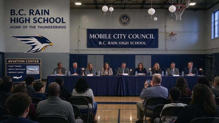 Illustration for the news story: Mobile City Council Holds Off-Site Meeting at B.C. Rain High School