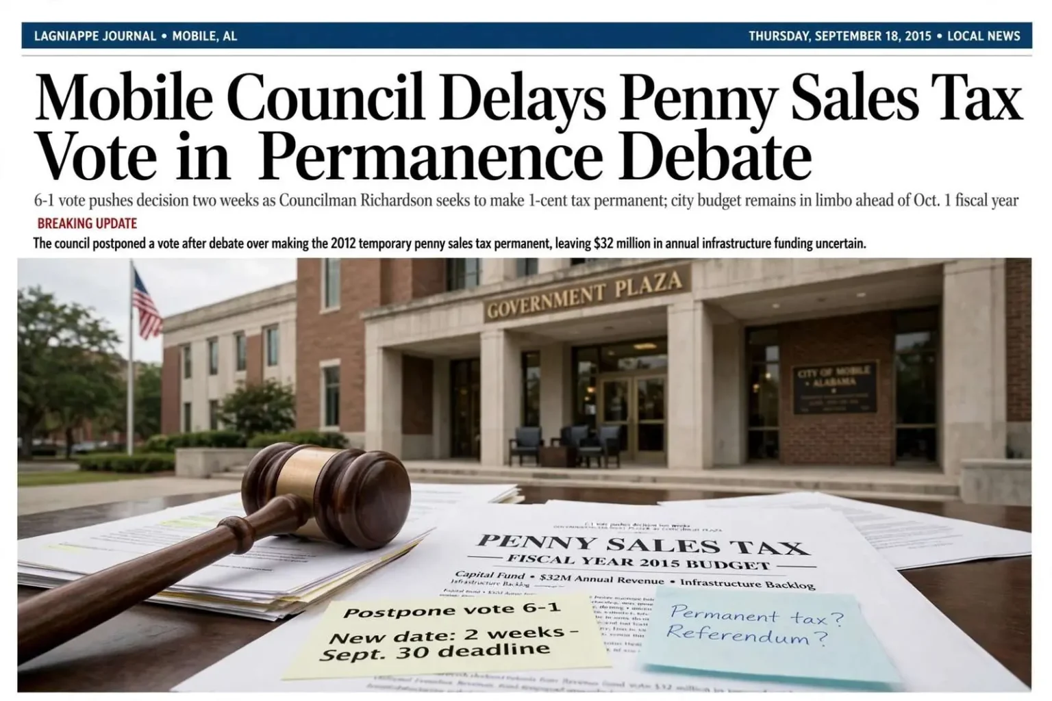 Illustration for the news story: Mobile Council Delays Penny Sales Tax Vote in Permanence Debate