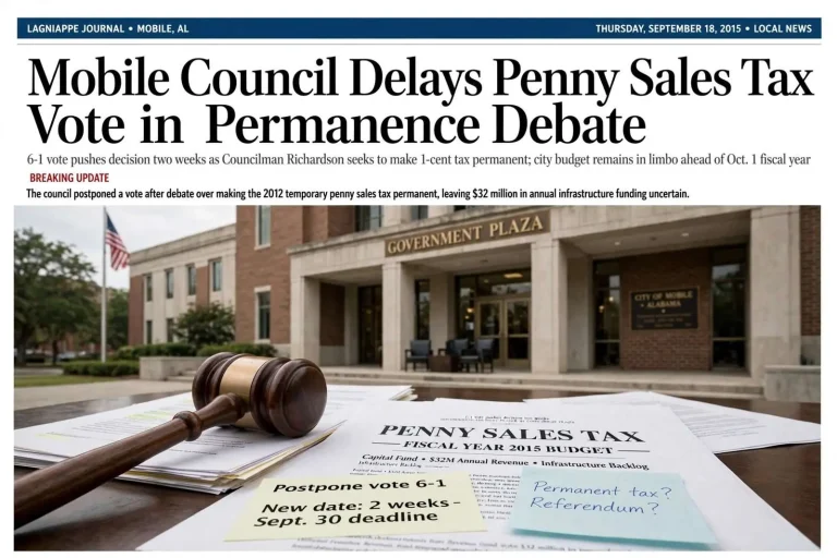 Illustration for the news story: Mobile Council Delays Penny Sales Tax Vote in Permanence Debate