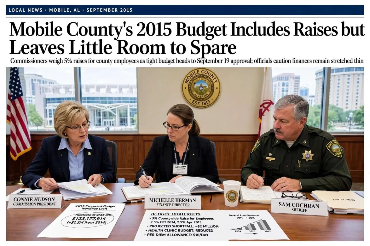 Illustration for the news story: Mobile County’s 2015 Budget Includes Raises but Leaves Little Room to Spare
