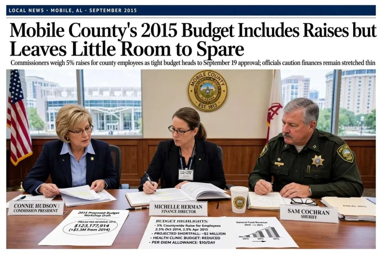 Illustration for the news story: Mobile County’s 2015 Budget Includes Raises but Leaves Little Room to Spare