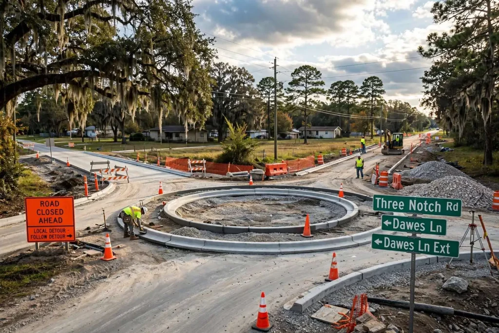Illustration for the news story: Mobile County’s Second Roundabout Nears Completion as Road Work Continues Across the Region