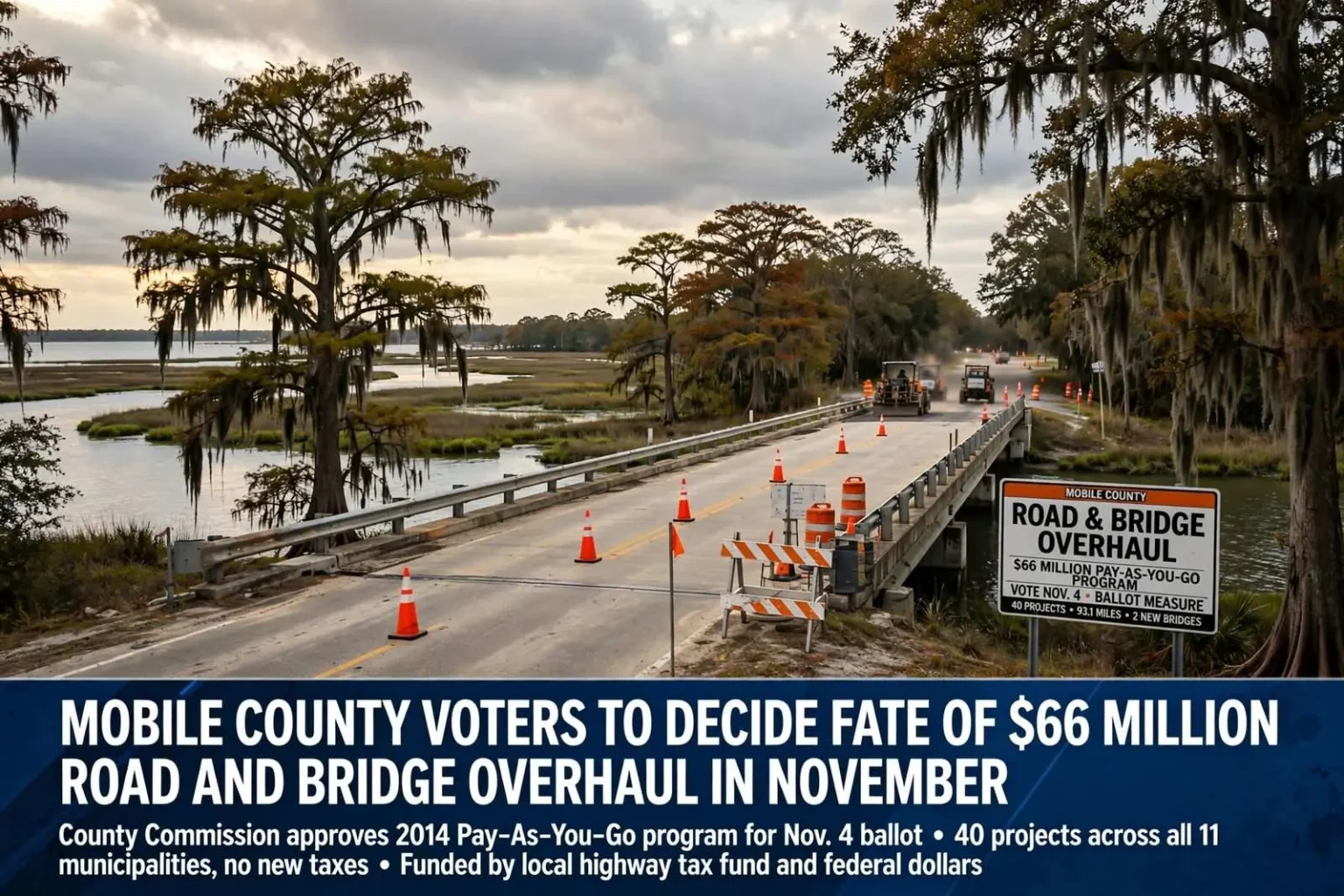 Illustration for the news story: Mobile County Voters to Decide Fate of $66 Million Road and Bridge Overhaul in November