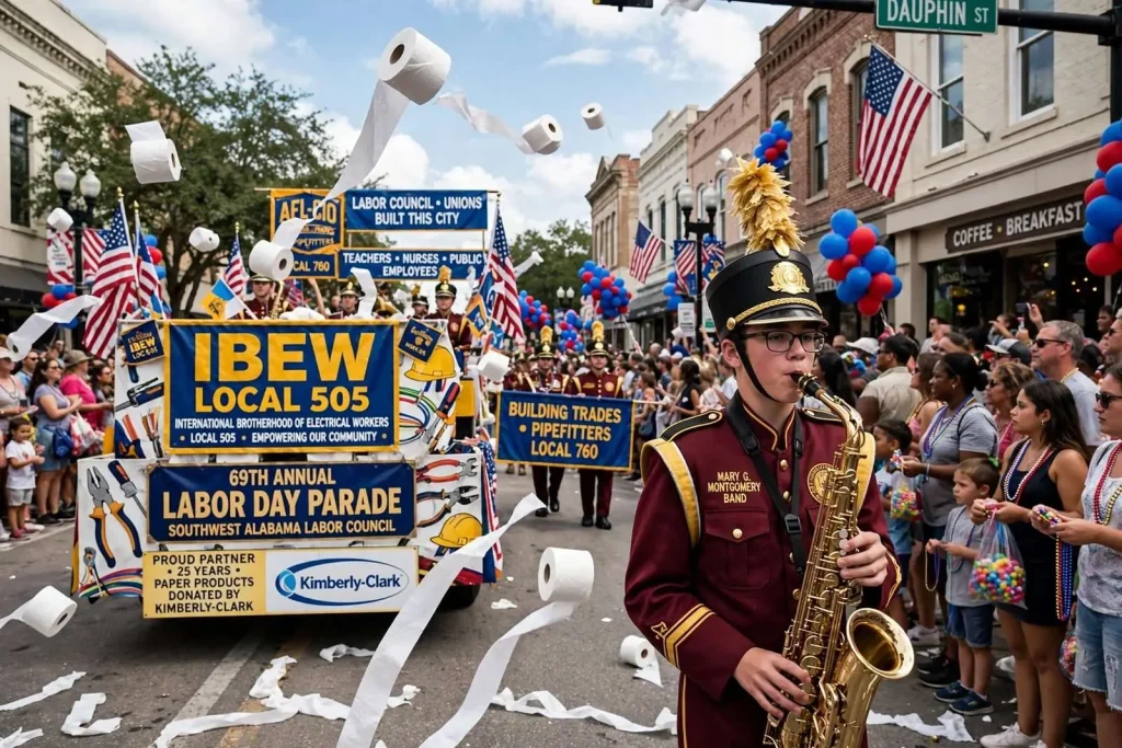 Illustration for the news story: Downtown Mobile’s Toilet Paper Parade Draws Biggest Labor Day Crowd in Years