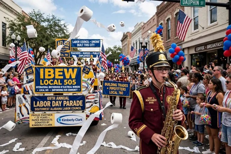Illustration for the news story: Downtown Mobile’s Toilet Paper Parade Draws Biggest Labor Day Crowd in Years