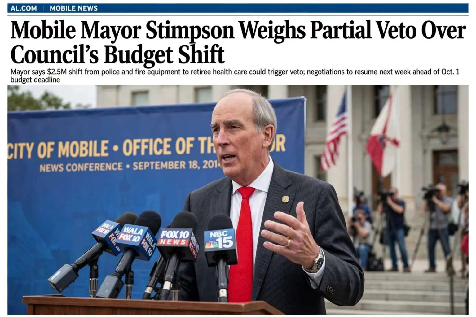 Illustration for the news story: Mobile Mayor Stimpson Weighs Partial Veto Over Council’s Budget Shift