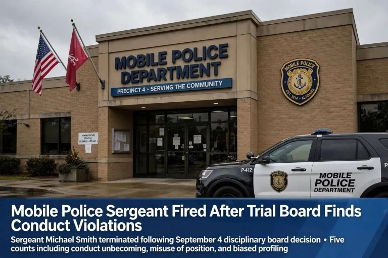Illustration for the news story: Mobile Police Sergeant Fired After Trial Board Finds Conduct Violations
