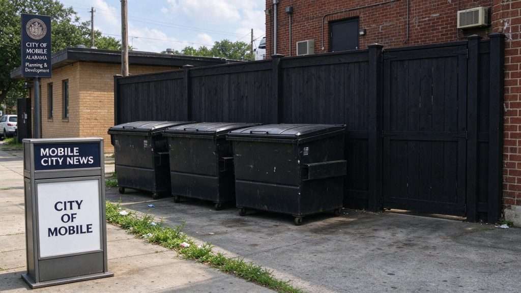 Illustration for the news story: Mobile Postpones Dumpster Enclosure Requirement for Businesses