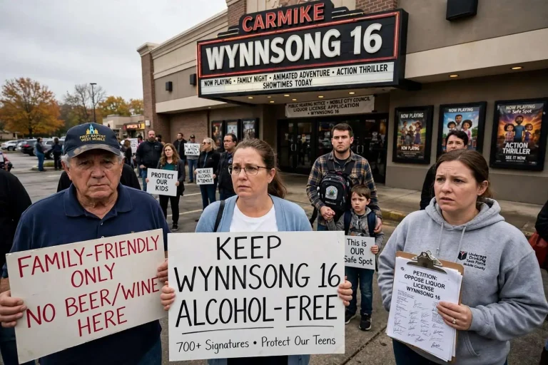 Illustration for the news story: Proposed Beer and Wine Sales at West Mobile Movie Theater Draw Pushback