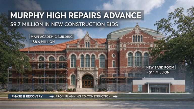 Illustration for the news story: Murphy High School Repairs Advance With $9.7 Million in New Construction Bids