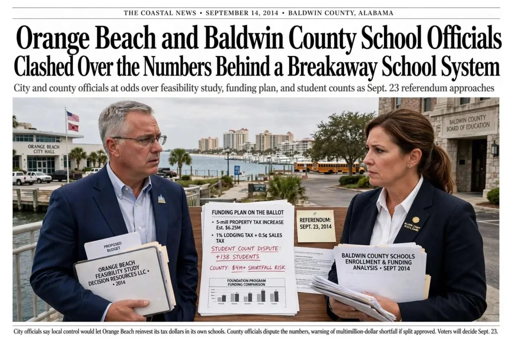 Illustration for the news story: Orange Beach and Baldwin County School Officials Clashed Over the Numbers Behind a Breakaway School System