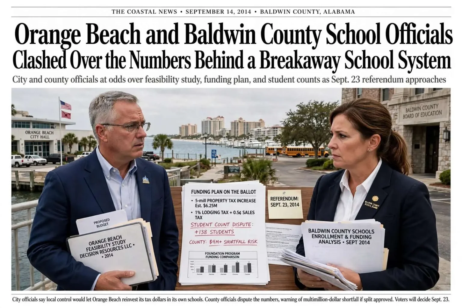 Illustration for the news story: Orange Beach and Baldwin County School Officials Clashed Over the Numbers Behind a Breakaway School System