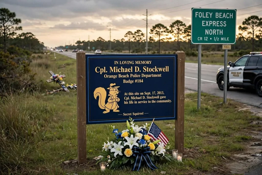 Illustration for the news story: Orange Beach Officers Planned a Highway Memorial for Cpl. Mike Stockwell, a Year After His Line-of-Duty Death