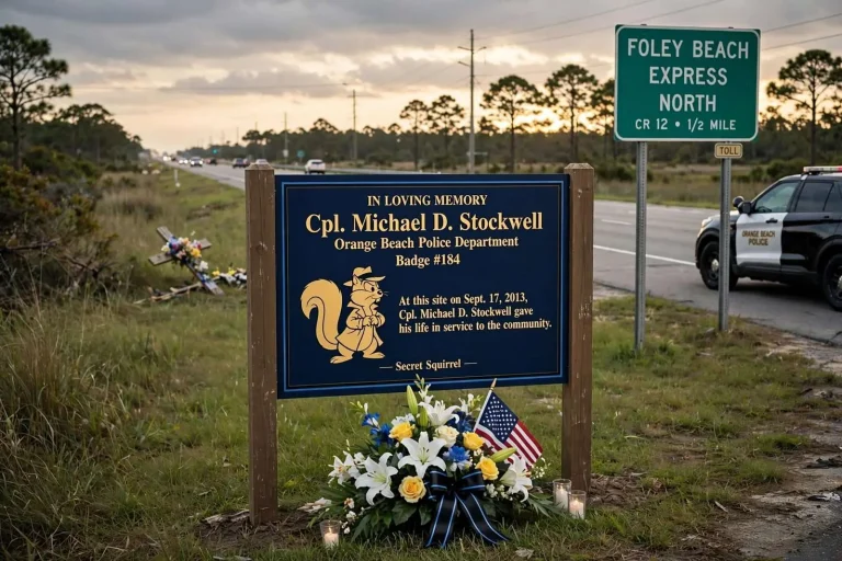 Illustration for the news story: Orange Beach Officers Planned a Highway Memorial for Cpl. Mike Stockwell, a Year After His Line-of-Duty Death
