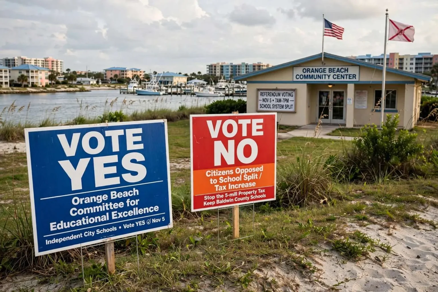 Illustration for the news story: Orange Beach School Split Campaigns Show Wide Fundraising Gap Ahead of Vote