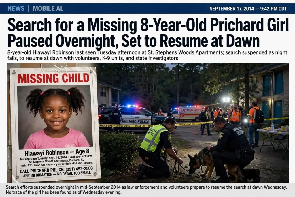 Illustration for the news story: Search for a Missing 8-Year-Old Prichard Girl Paused Overnight, Set to Resume at Dawn