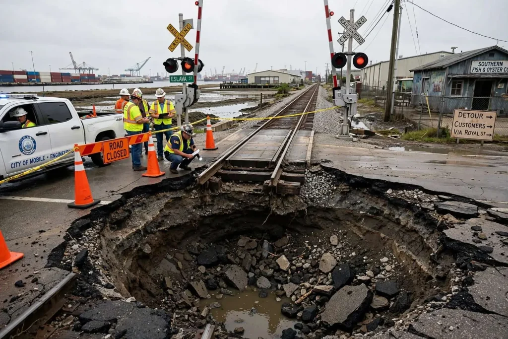 Illustration for the news story: Sinkhole Beneath Eslava Street Railroad Crossing Has Mobile Officials Digging for Answers