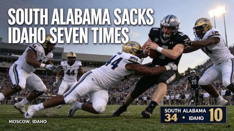 Illustration for the news story: South Alabama Sacks Idaho Seven Times, Rolls to 34-10 Sun Belt Win in Moscow