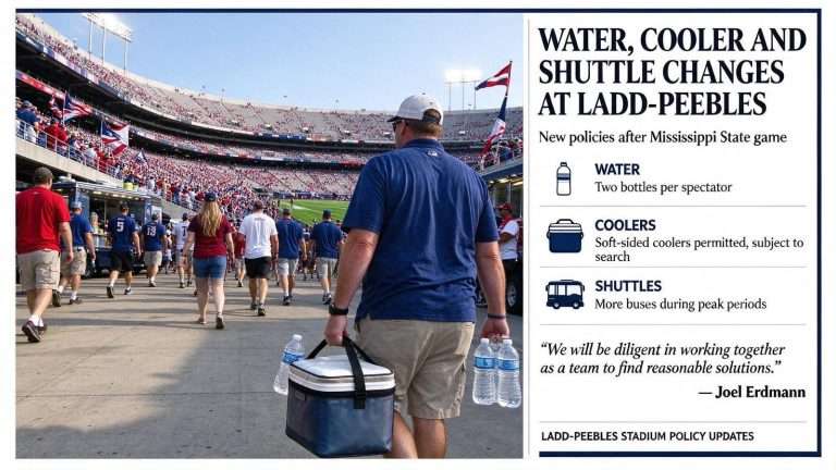 Illustration for the news story: Erdmann Announces Water, Cooler and Shuttle Changes at Ladd-Peebles After Mississippi State Game