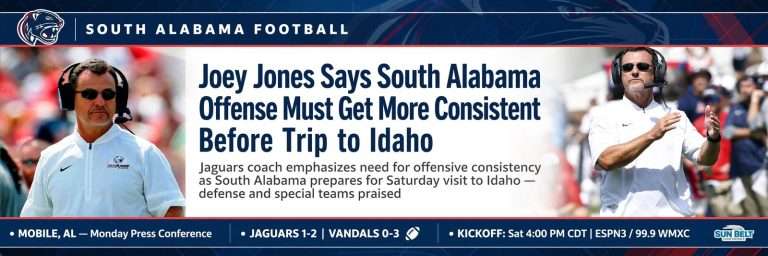 Illustration for the news story: Joey Jones Says South Alabama Offense Must Get More Consistent Before Trip to Idaho