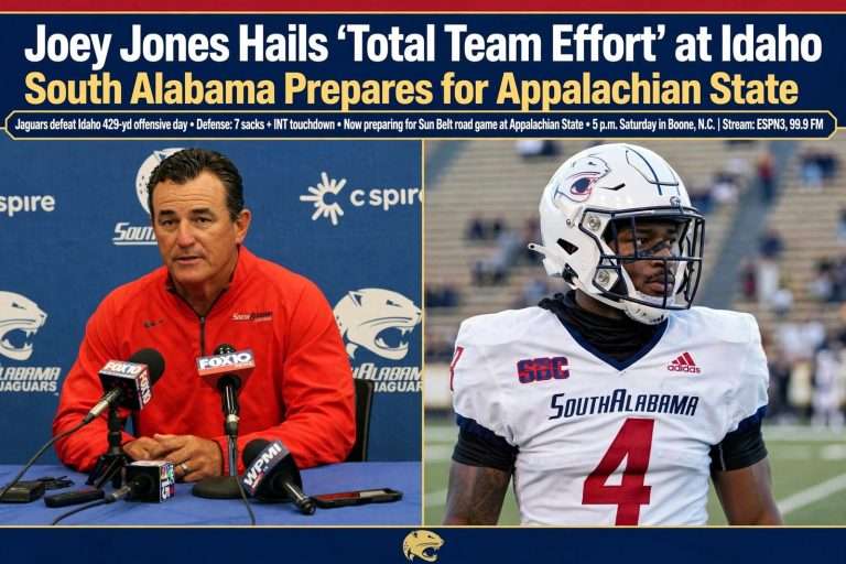 Illustration for the news story: Joey Jones Hails ‘Total Team Effort’ at Idaho as South Alabama Prepares for Appalachian State